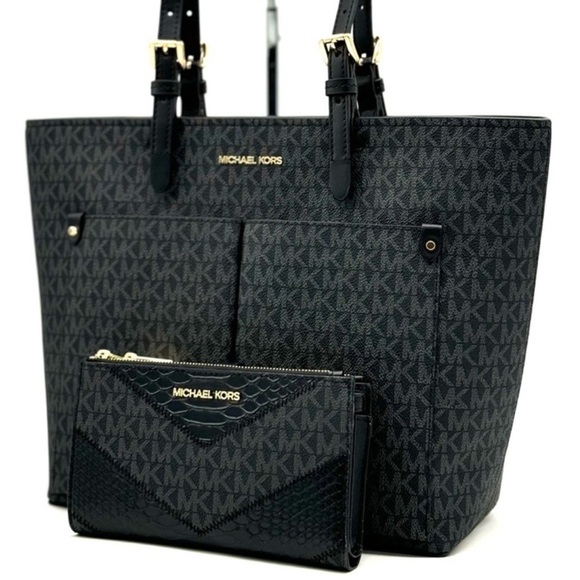 Michael Kors Jet Set Medium Pocket Tote Bag & Double Zip Wallet Black Multi - Picture 1 of 13